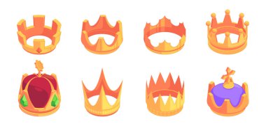 Kral ya da kraliçe, prens ya da prenses altın, değerli taşlar ve mücevherlerden yapılmış taçlar ve mesafeler. Ortaçağ mücevherleri, monarşi ve gücün sembolü, otorite ve asaletin temsilcisi.