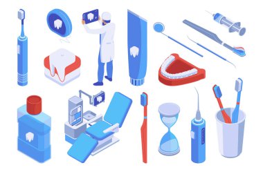 Diş bakımı, ağız hijyeni ve sağlığını korumak. İzole edilmiş vektör diş fırçası seti ve kum saati, çene ve azı dişi modelleri, tıbbi aletler ve gargara, diş röntgeni ve odontolojik sandalyeli doktor