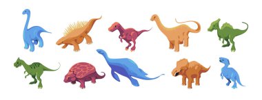 Farklı türde dinazorlar. Nesli tükenmiş hayvanları uzun boyunları, dikenleri ve pençeleri olan bir taşıyıcı. Isometric deniz ve kara dinozorları, yüzgeçleri ve kanatları olan tarih öncesi insanlar.