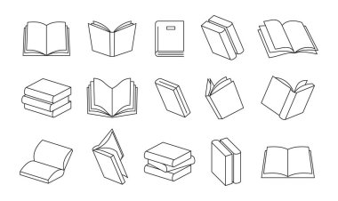 Açık ve kapalı kitaplar, kitap yığınları ve kitapların önü ve önü. Vektör okuma yayınları ve ansiklopediler. Eğitim ve eğitim süreci. Monokrom biçiminde kişisel günlükler