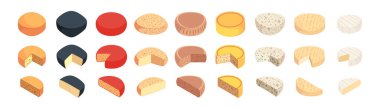 Yarısı kesilmiş ve bir sürü sert peynir. Farklı türde süt ürünlerinin vektör koleksiyonu. Isome set Fromage. Lezzetli yemekler, yemek ve yemek hazırlamak için malzemeler.