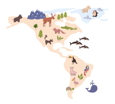 Kuzey ve Güney Amerika kıtalarının doğal bitki ve hayvan çeşitliliğiyle haritası. Vektör dağları ve ormanlar, geyik ve timsah, kahverengi ve kutup ayıları, pelikan ve papağan, kokarca ve lama