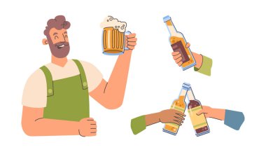 Bira üreticisi, köpüklü bira eşliğinde özel takım elbise giymiş. Elleri izole edilmiş vektör bira şişelerini tutuyor. Tıklama, tezahürat ve kadeh kaldırma. Ekim festivali ve kutlama. hafta sonu eğlence ve dinlenme