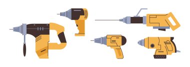 Döner çekiç, tornavida ve matkaplar, tamirat için izole edilmiş alet ve ekipmanlar. Tadilat ve onarım için mekanik ve elektrikli otomatik aygıtlarda vektör