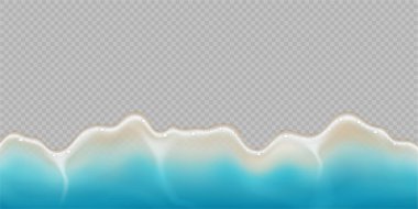 Okyanus dalgaları, yaz deniz kıyısı ya da kıyı şeridi. Şeffaf arka planda izole edilmiş kabarcıklı ve köpüklü vektör gerçekçi tarzı, okyanus suyu veya deniz suyu. Yüzey ve sıçramalar, uzak ada dekorasyonu.