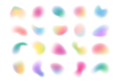 Bulanık renkli gradyan şekiller tasarımı. Vektör izole edilmiş moda lekeler ya da abd damlaları, bulanık yumuşak canlı şekiller. Tipografi ve minimalist kapaklar için süsleme, suluboya resimler