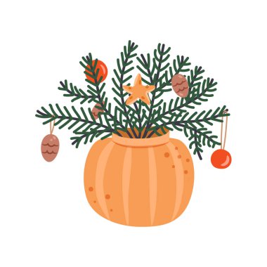 Noel süsleri, koniler, yıldız ve toplarla süslenmiş saksıdaki çam dalları. Vektör, kostüm dekorasyonunu evler ve ofisler için izole etti. Kış sıcacık geçiyor. Yeni yıl kutlamaları ve gelenekler