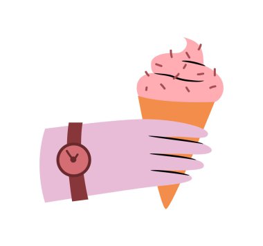 El ele tutuşma dondurması. Düz stil vektör, kol bileğinde saat olan izole bir kişilik. Dondurma yerken şifreli olarak serpiştiriyor. Yetişkinler ve çocuklar için yaz yemeği ve atıştırmalıklar, dondurulmuş tatlı.