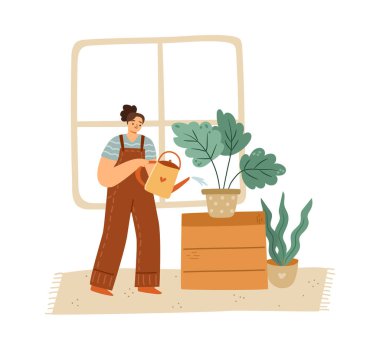 Kadın karakter çiçekleri suluyor ve saksılarla ilgileniyor. Daire tarzı vektör, izole kadın çiçekçi dükkanı, genç bayanın hobisi. Doğayı, filizlenen bitkileri ve tropikal çiçekleri seviyorum.