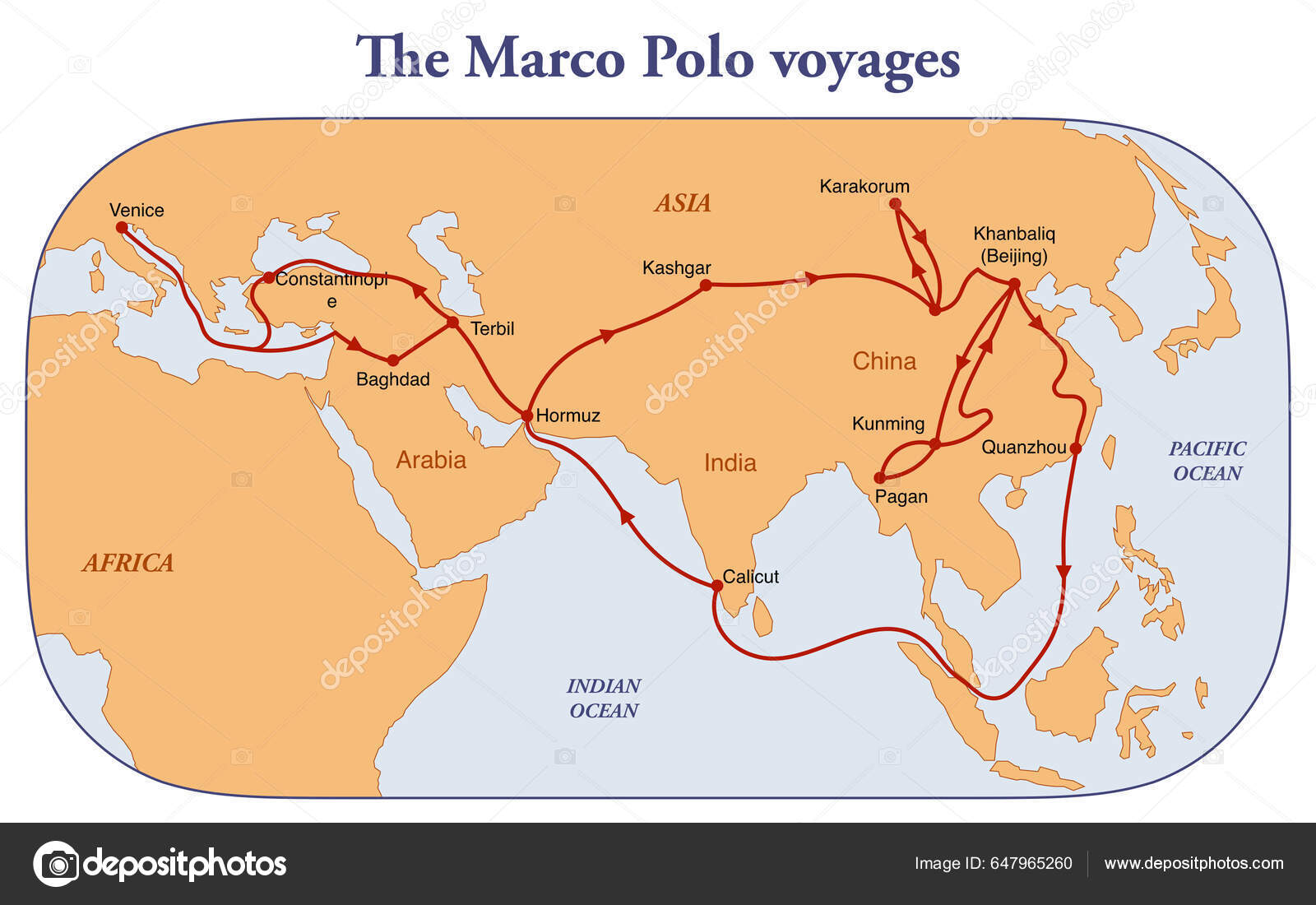 Illustration de Carte Des Voyages Marco Polo Travers L'asie Long Route Soie  par dkaramit© #647965260