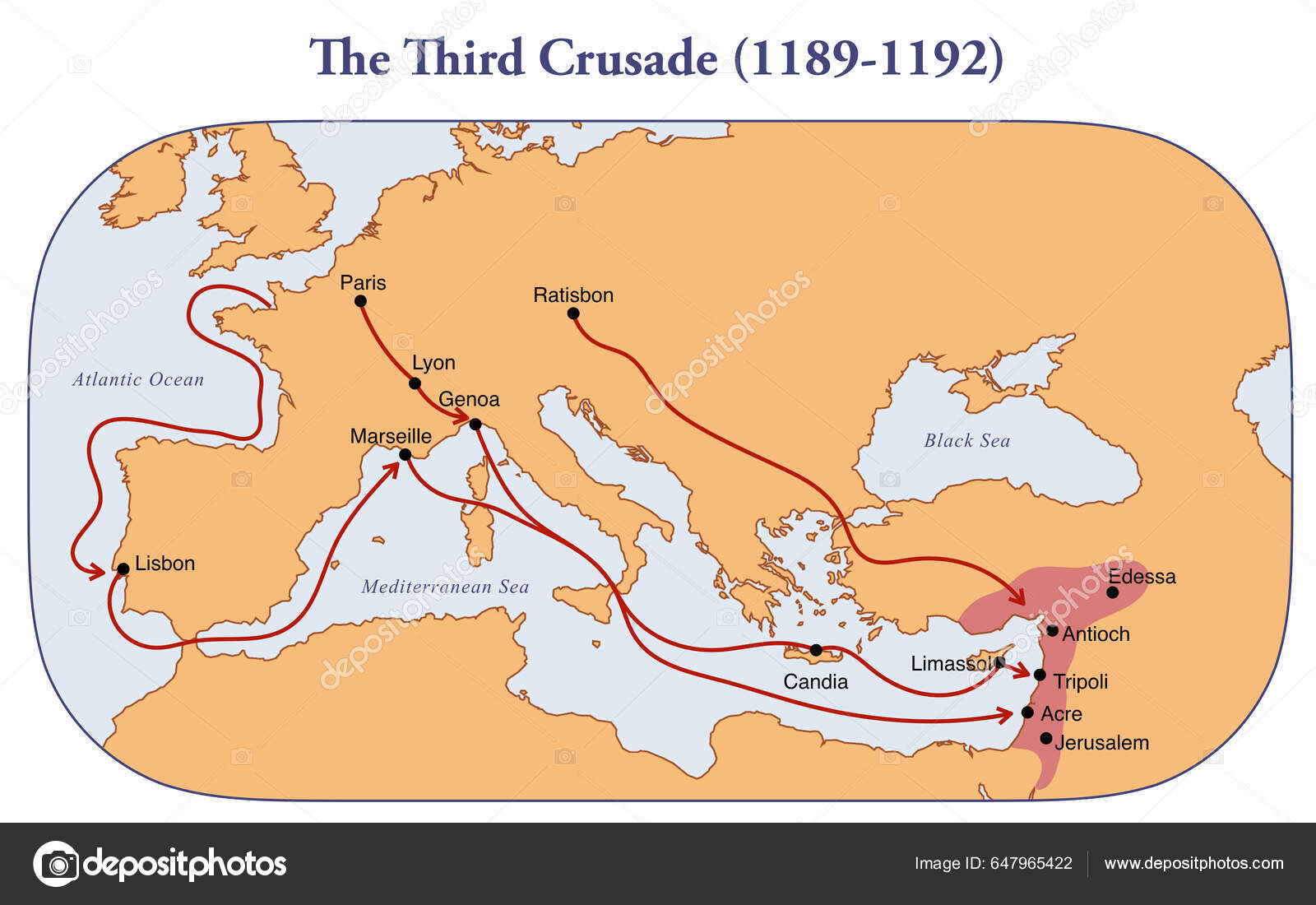 Карта Третьего Маршрута Крестового Похода Стоковая иллюстрация ©dkaramit  #647965422