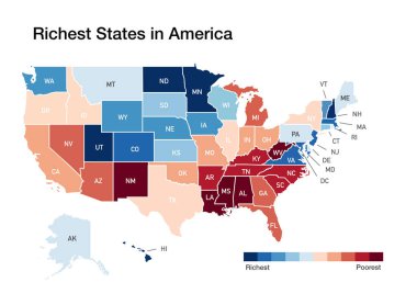 Amerika 'nın en zengin ve en fakir eyaletlerinin haritası.