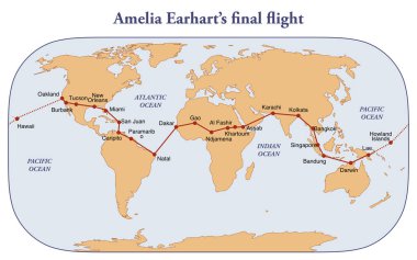 Amelia Earhart 'ın son uçuşunun rotası.