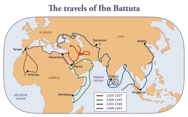Alim ve kâşif İbn Battuta 'nın seyahatlerinin haritası.