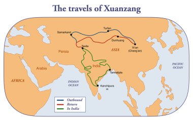 Xuanzang seyahatlerinin haritası.