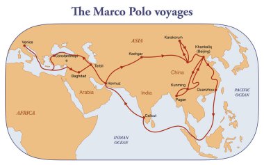 Marco Polo 'nun İpek Yolu boyunca Asya' ya yaptığı seyahatlerin haritası