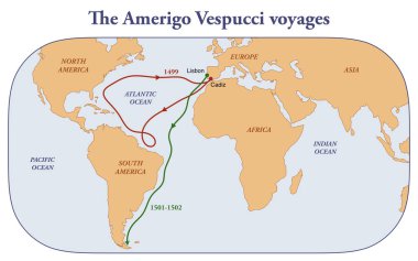 Amigo Vespucci seyahatlerinin haritası. 