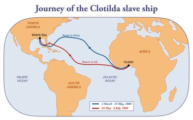 Clotilda köle gemisinin yolculuğunun haritası.