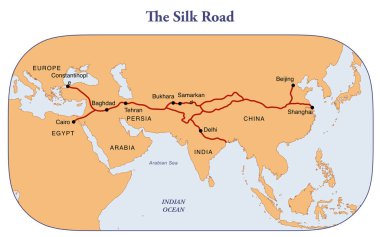 Çin ve Avrupa arasındaki antik ipek yolun haritası.