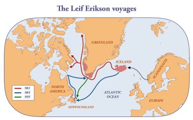 Ünlü kaşif Leif Erikson 'un seyahatlerinin haritası.