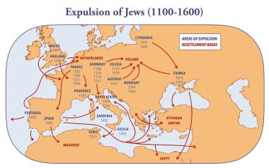 Yahudilerin sınır dışı edilişini ve 1100 ile 1600 yılları arasındaki yerleşimlerini gösteren harita.