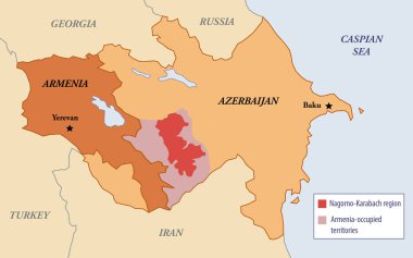 Ermenistan ve Azerbaycan arasındaki Dağlık Karabağ bölgesinin haritası