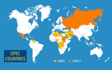 OPEC örgütüne mensup ülkelerin haritası
