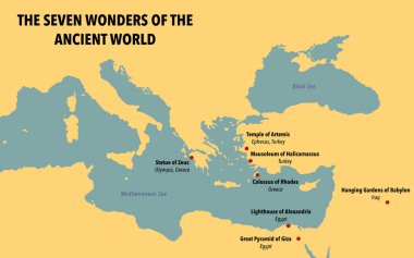 Map with the seven wonders of the ancient world clipart