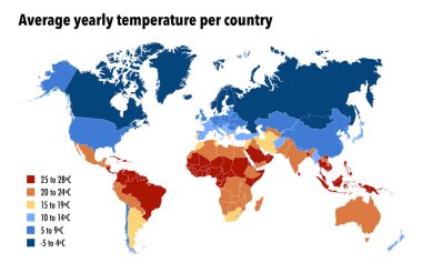 Ülke başına yıllık ortalama sıcaklığa sahip dünya haritası