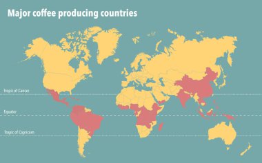 Büyük kahve üreten ülkelerle birlikte dünya haritası