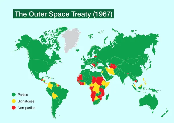 与已签署和批准 外层空间条约 的国家的世界地图 — 图库照片