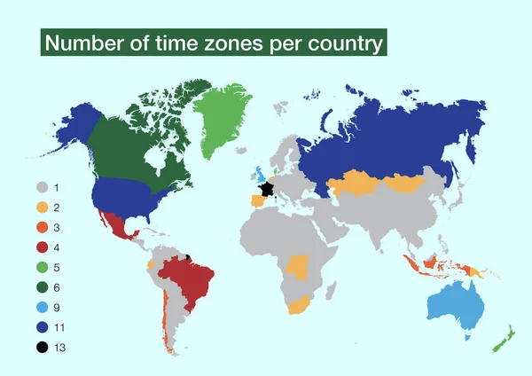 国ごとのタイムゾーン数で世界地図 — ストック写真