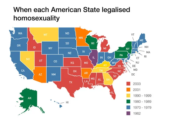 Mapa Usa Pokazująca Kiedy Każde Państwo Amerykańskie Zalegalizowało Homoseksualizm — Zdjęcie stockowe
