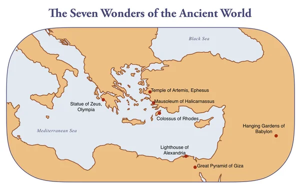 Carte Avec Les Sept Merveilles Monde Antique — Photo