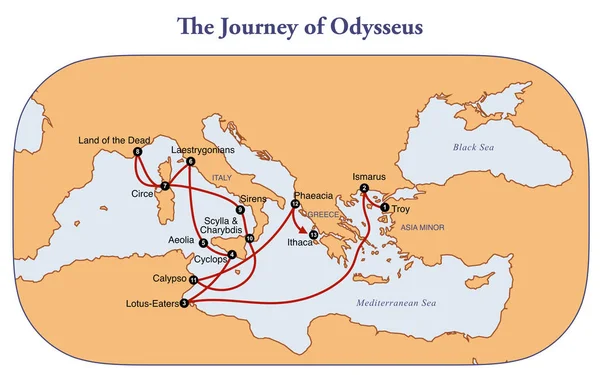 Kaart Met Reis Van Odysseus — Stockfoto