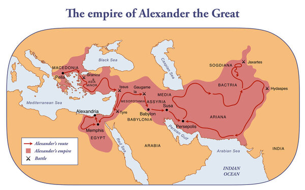 The empire, route and battles of Alexander the Great from Greece to India