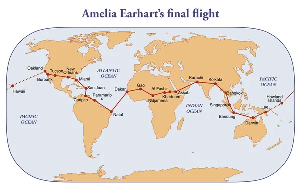 Mapa Rota Último Voo Amelia Earhart — Fotografia de Stock