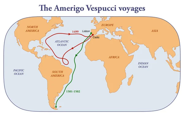 Mapa Das Viagens Amerigo Vespucci — Fotografia de Stock