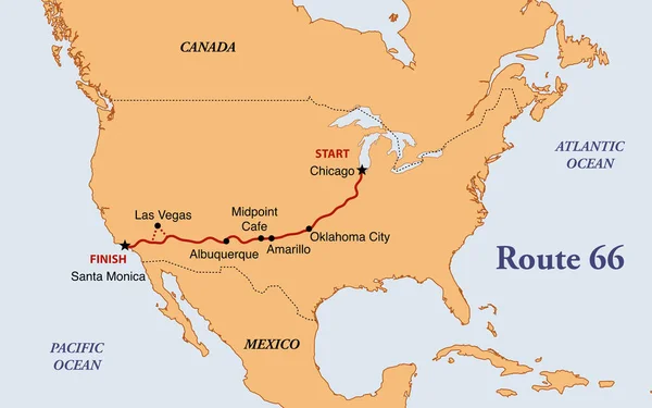アメリカ合衆国を横断する歴史的ルート66の地図 — ストック写真