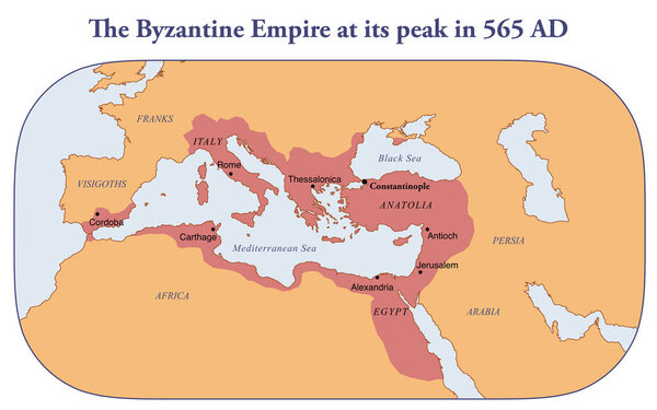 Map of the Byzantine Empire at its greatest extent in 565 AD