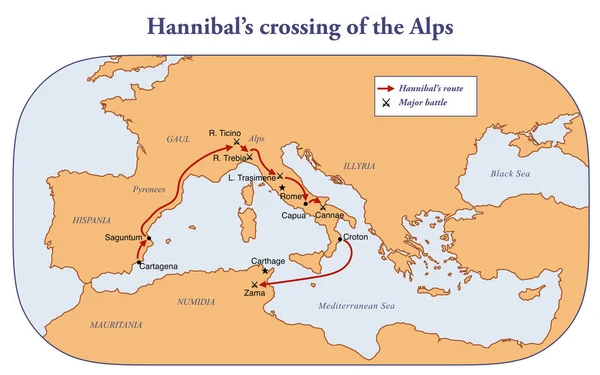 Kaart Met Route Van Hannibal Oversteek Van Alpen — Stockfoto
