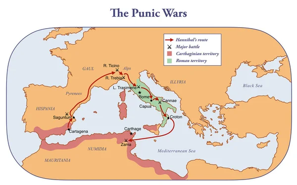 普西尼战争期间罗马和迦太基控制的领土图 — 图库照片