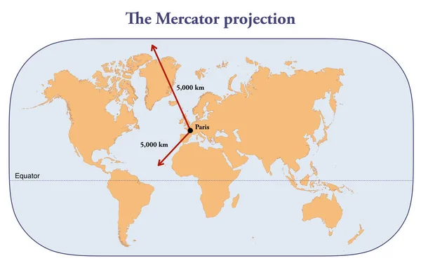 지구의 메르카토르 투영법 그리고 적도에서 떨어진 에서의 크기의 — 스톡 사진