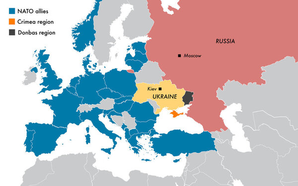 Map with the dispute between Ukraine and Russia for the Crimea and Donbas regions