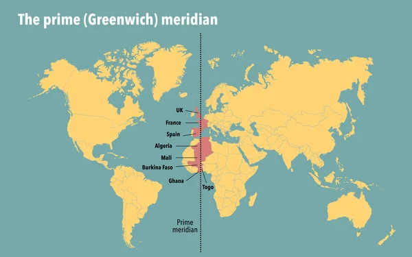 Modern Map Showing Countries Prime Greenwich Meridian Passes — Stock Photo, Image