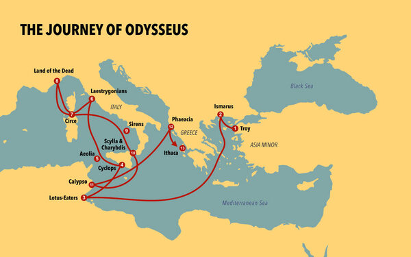 Map with the journey of Odysseus