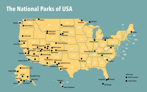Kaart Met Nationale Parken Van Verenigde Staten — Stockfoto