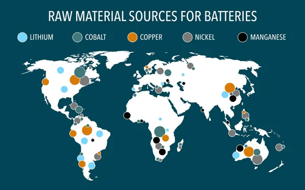 世界中の電池生産のための原料源の地図 — ストック写真