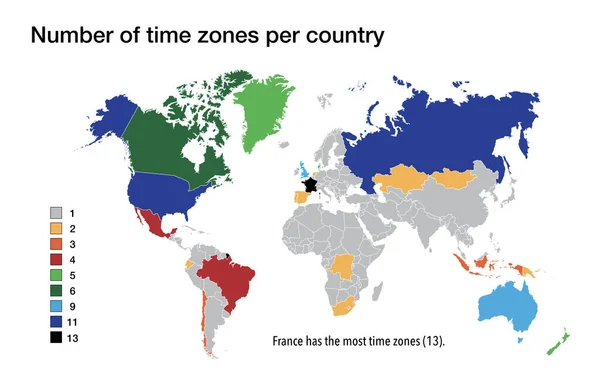 国ごとのタイムゾーン数で世界地図 — ストック写真