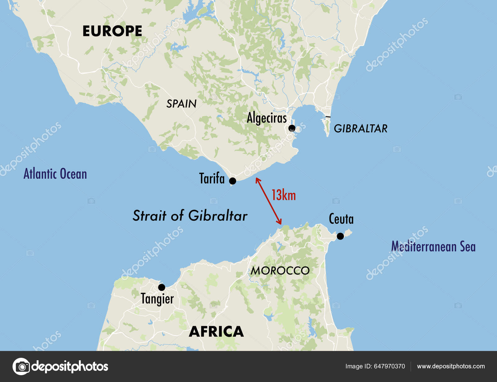 Carte Détroit Gibraltar Montrant Distance Entre L'europe L'afrique image  libre de droit par dkaramit © #647970370